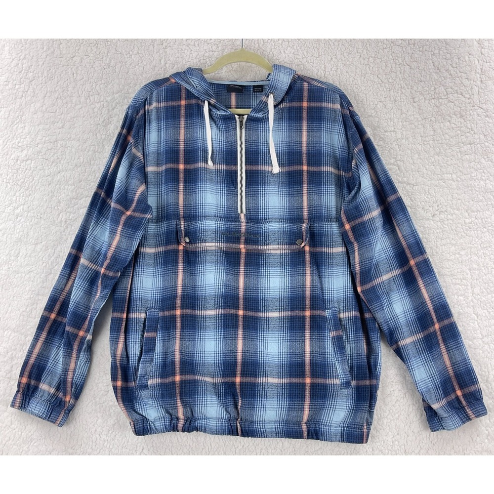 Quiksilver Anorak Sweater Mens Medium Neo Blue Twill Flannel Long Sleeve Hooded‎